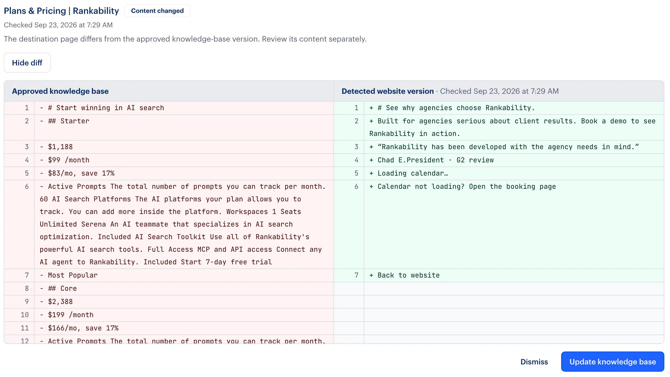 Review detected website changes beside the approved knowledge-base version before updating it.
