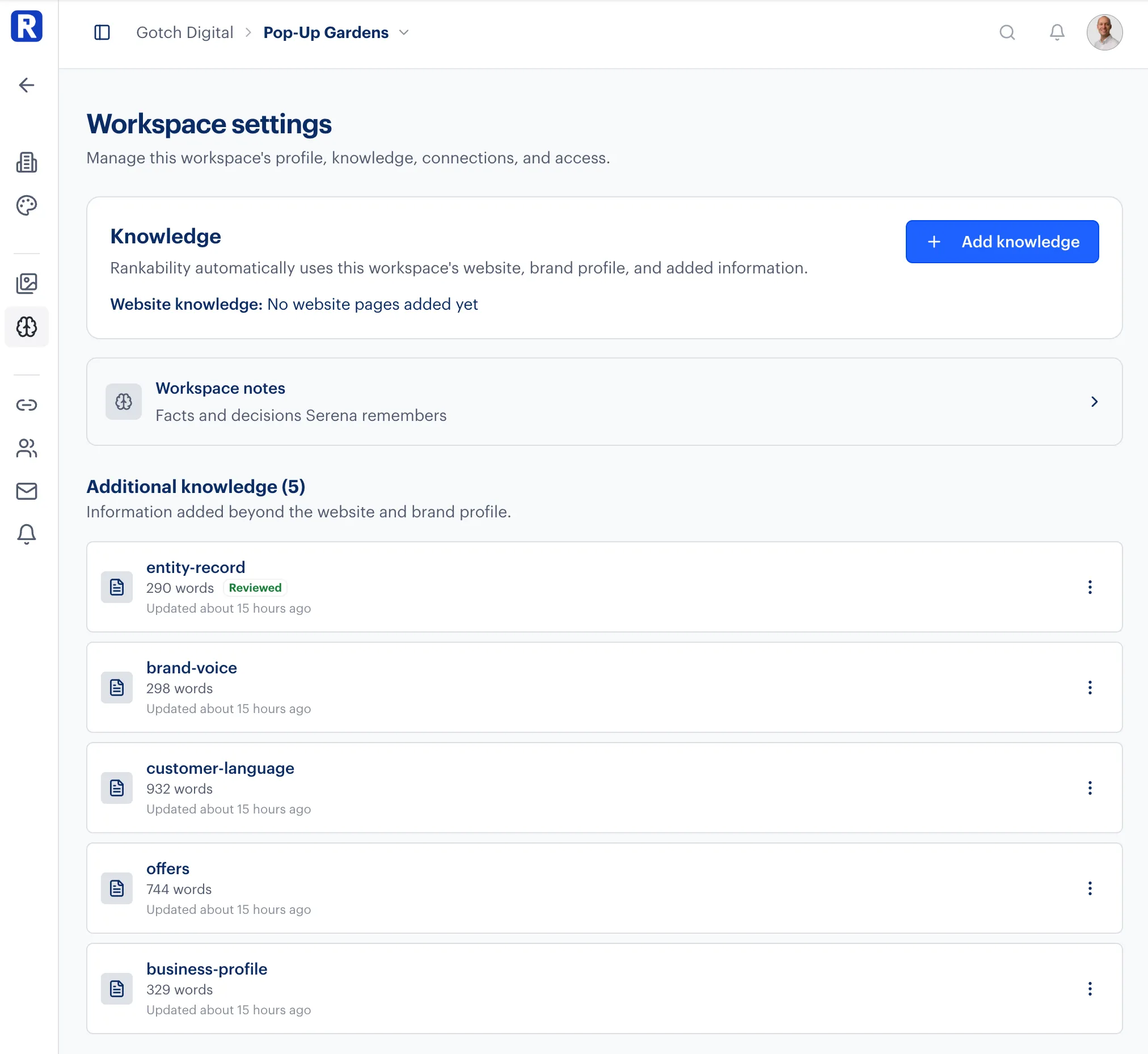 Rankability client knowledge workspace containing an entity record, brand voice, customer language, offers, and a business profile.