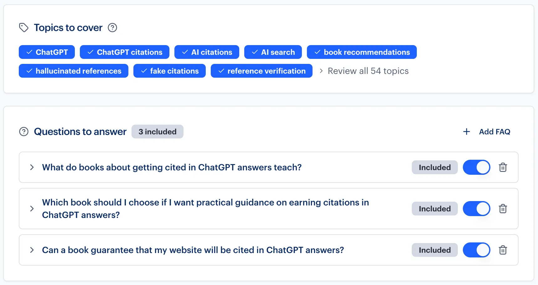 Rankability content planning showing topics to cover and three buyer questions to answer about citations in ChatGPT.