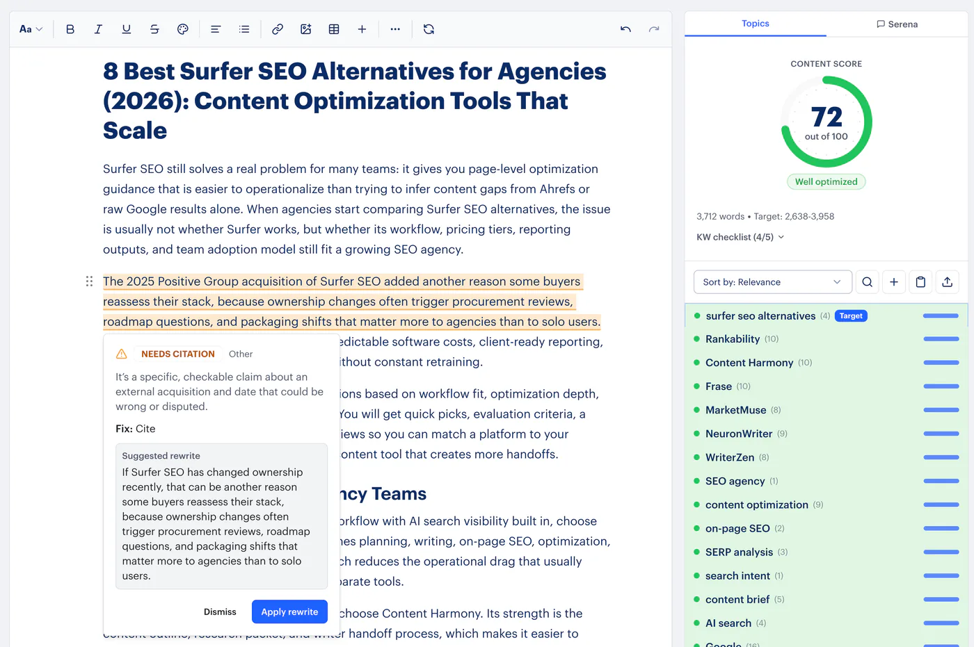 Rankability Copywriter editing an agency article with a content score of 72 out of 100, keyword topic coverage, and an inline citation suggestion with a suggested rewrite