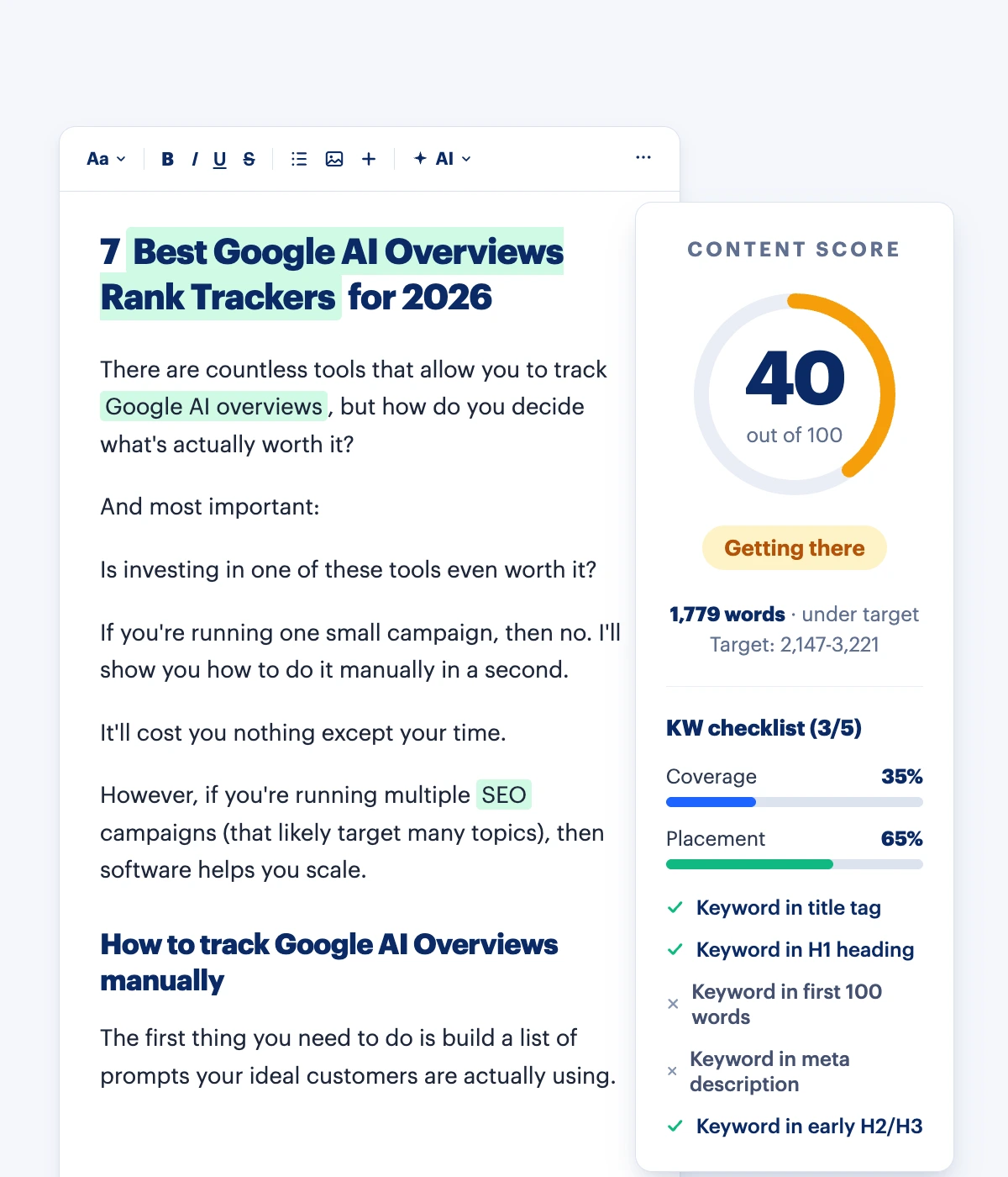Rankability Copywriter editing an article with a live Content Score panel showing word count target and keyword checklist