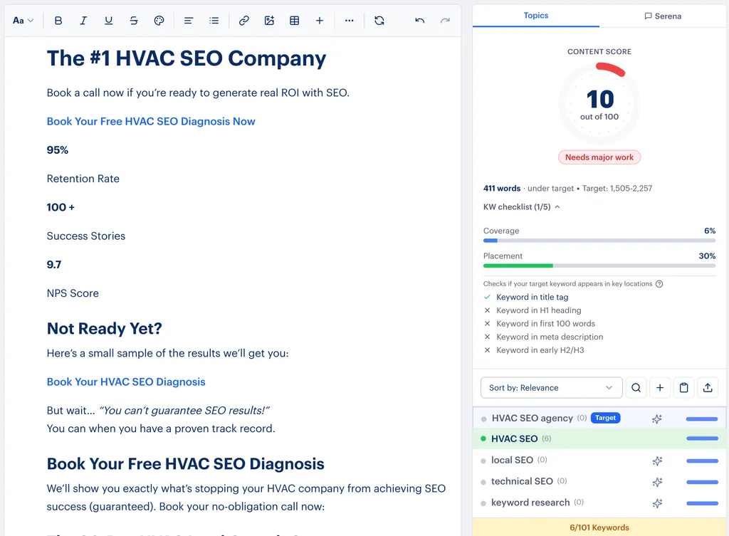 Rankability Content Optimizer editing an article with a live content score, keyword checklist showing coverage and placement, and a ranked topic list beside the editor