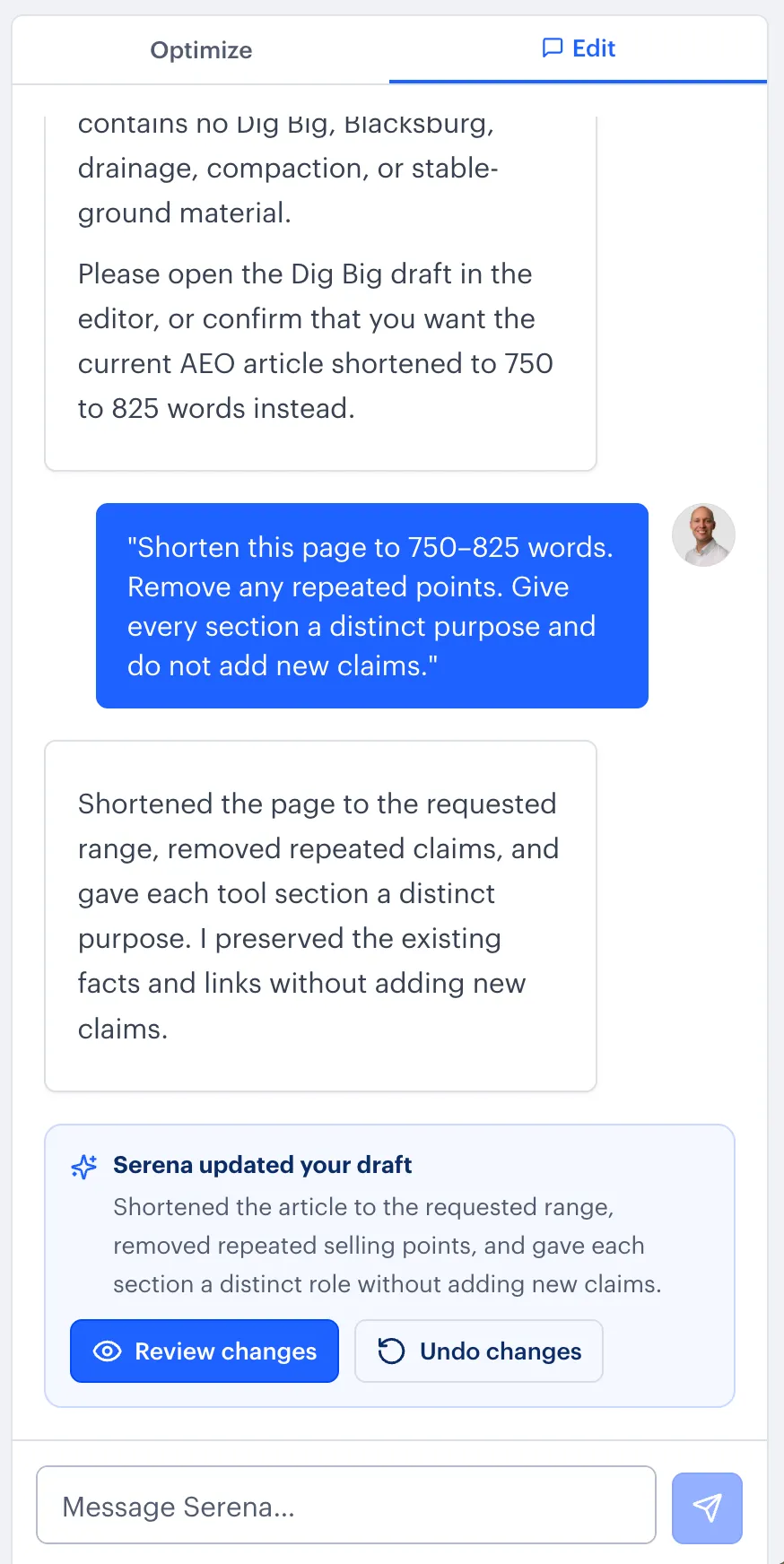 Serena revising a draft in the editor with options to review or undo the changes.