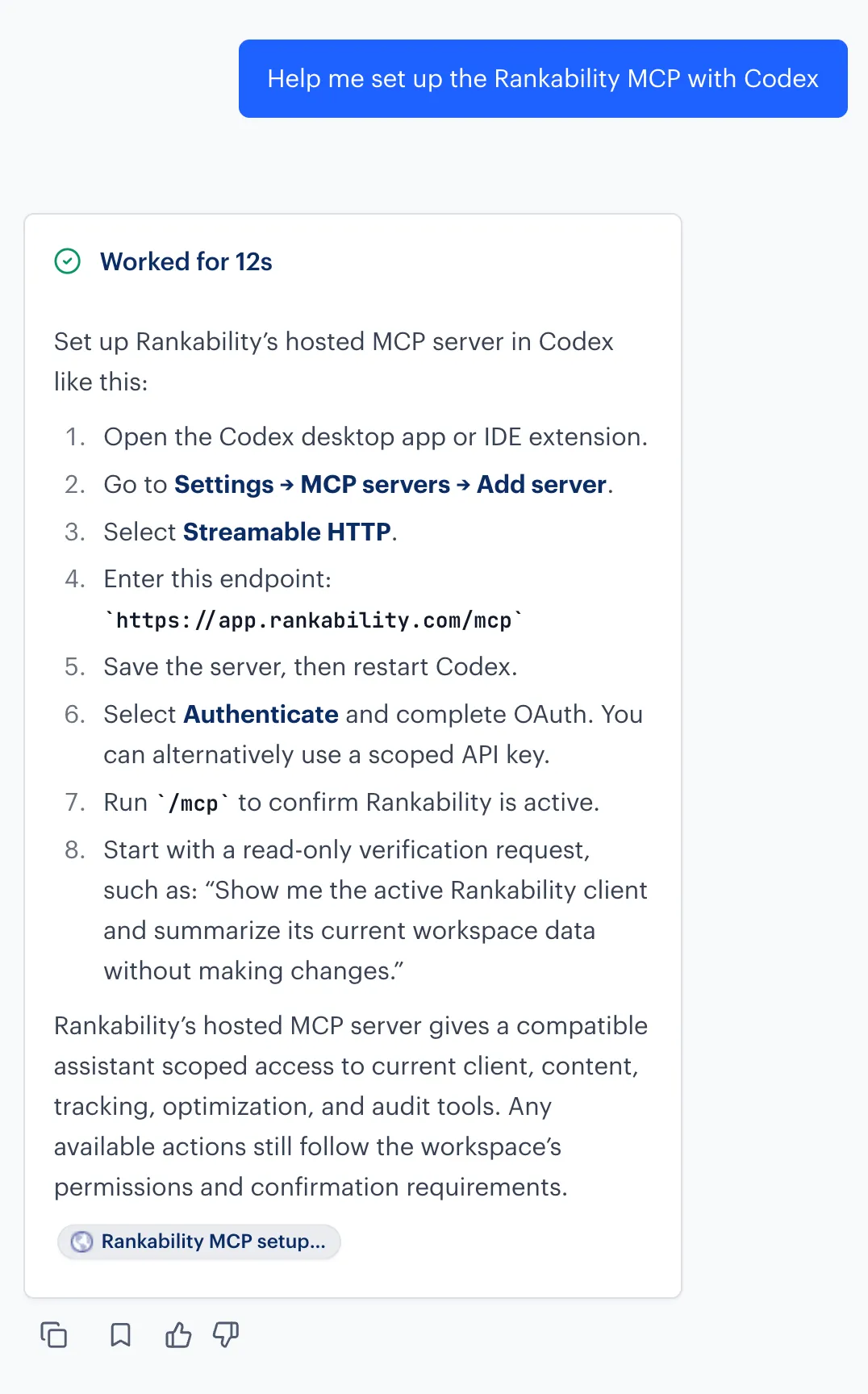 Serena answering a Rankability setup question with a step-by-step response and linked source.