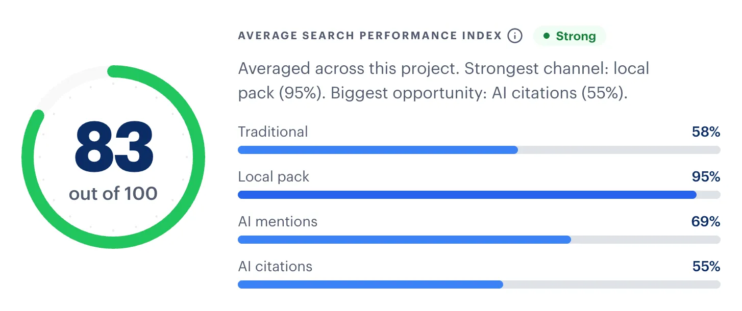 Search performance index of 83 and visibility breakdown by channel