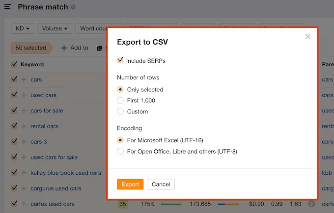 Ahrefs Keyword Explorer export function