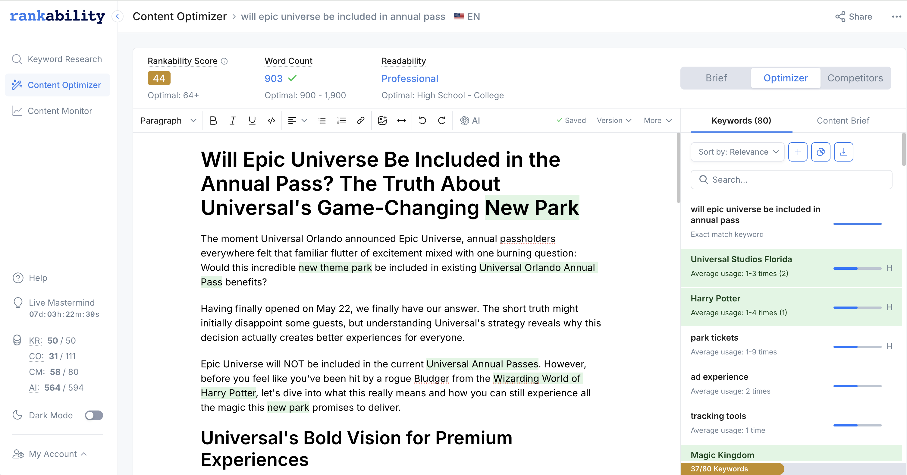 Content Optimizer interface showing Rankability Score 59+ and AI Assistant ready