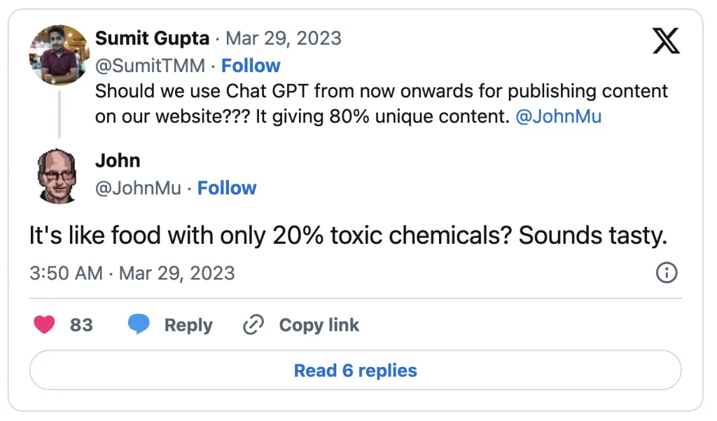 John Mueller's tweet comparing AI content to food with toxic chemicals
