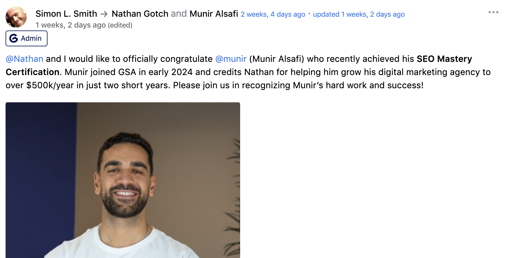 Simon L. Smith congratulates Munir Alsafi on SEO Mastery Certification