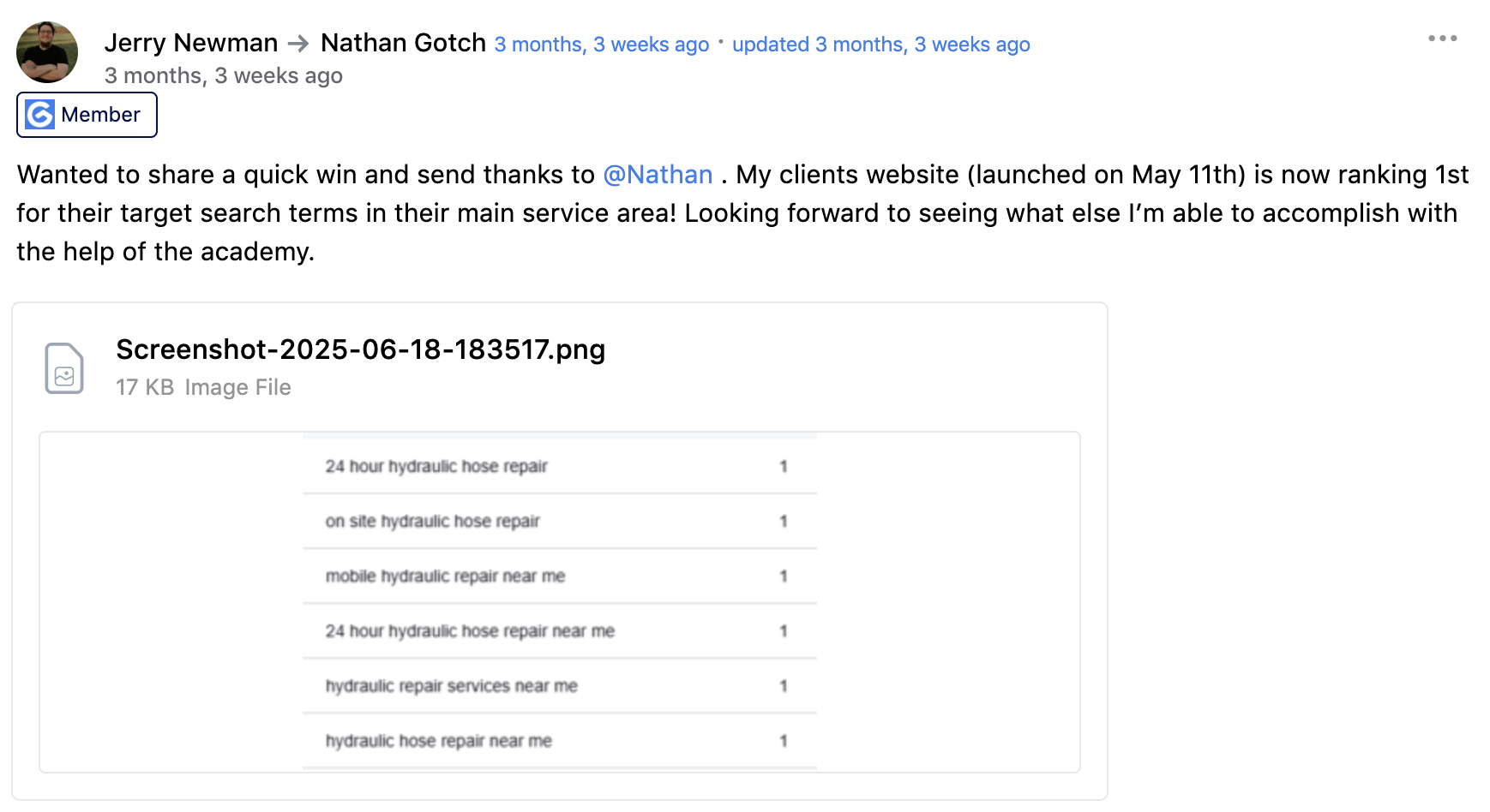 Jerry Newman client website ranking 1st for target search terms