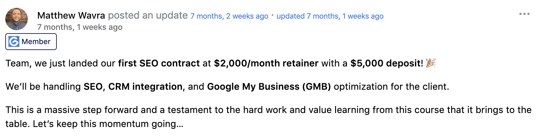 Matthew Wavra landed first SEO contract at $2,000/month retainer