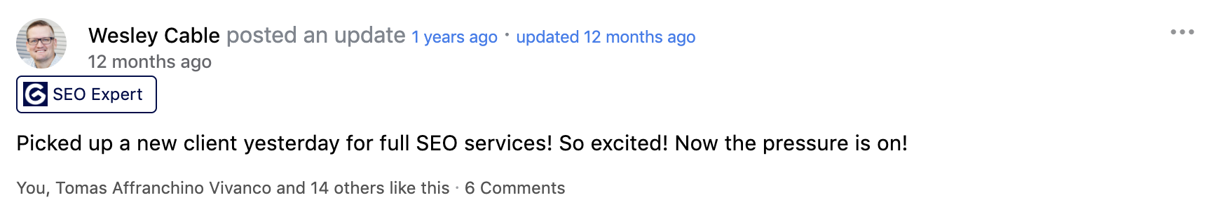 Wesley Cable picked up a new client for full SEO services