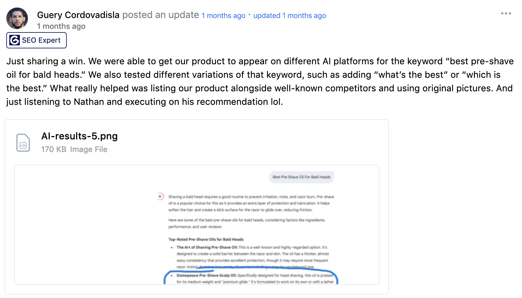 Guery Cordovadisla got product to appear on different AI platforms