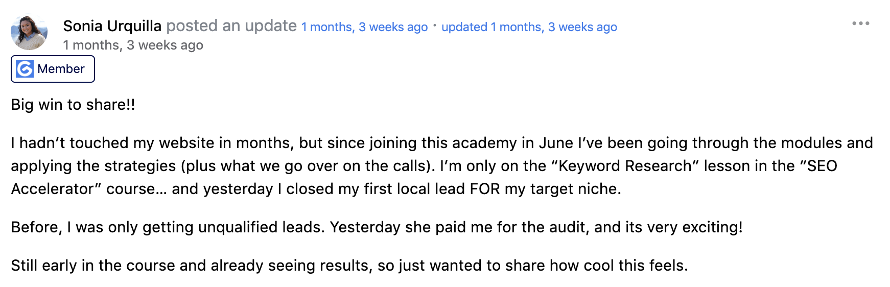 Sonia Urquilla closed first local lead for target niche