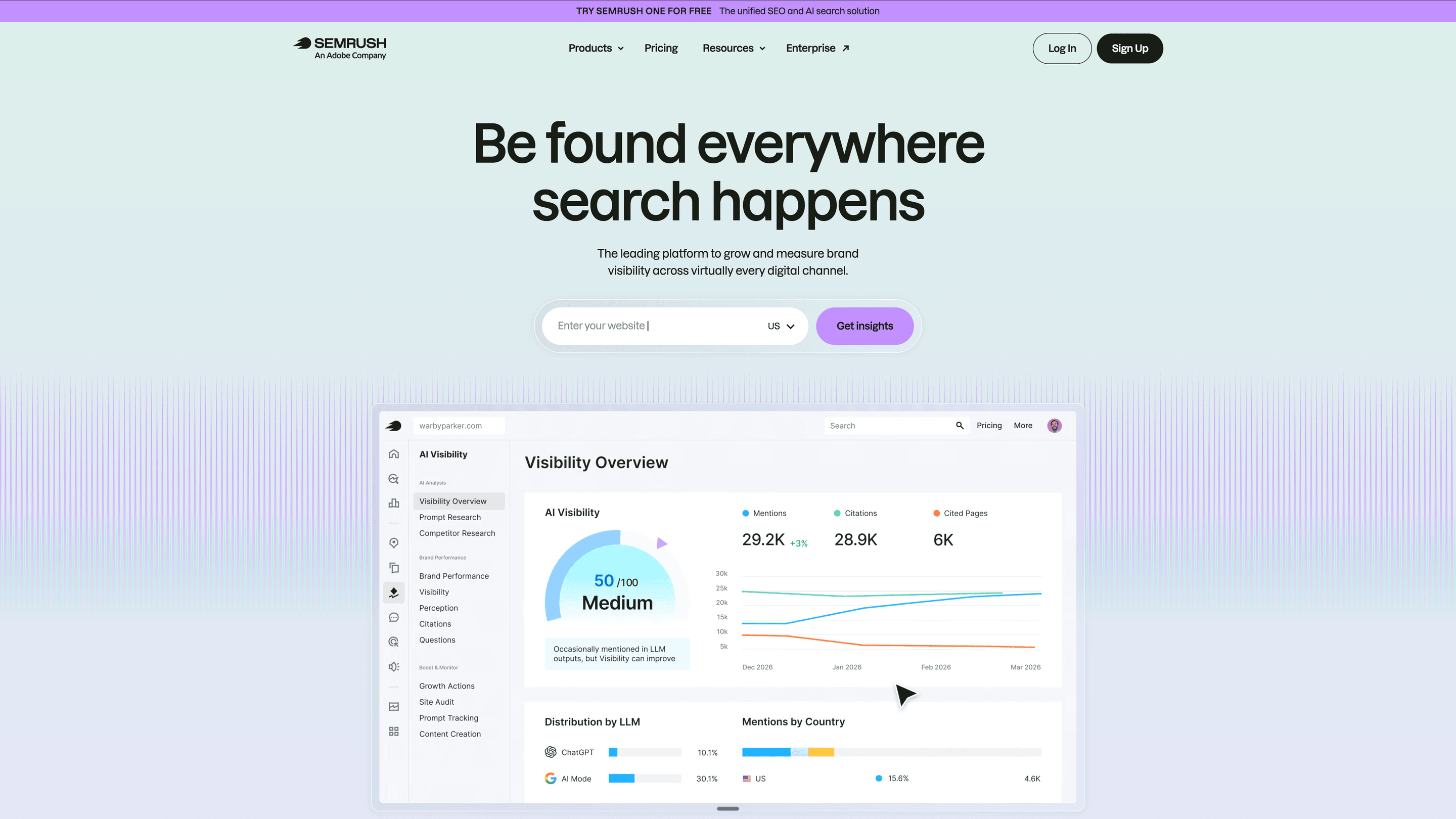 Semrush AI Visibility Toolkit homepage