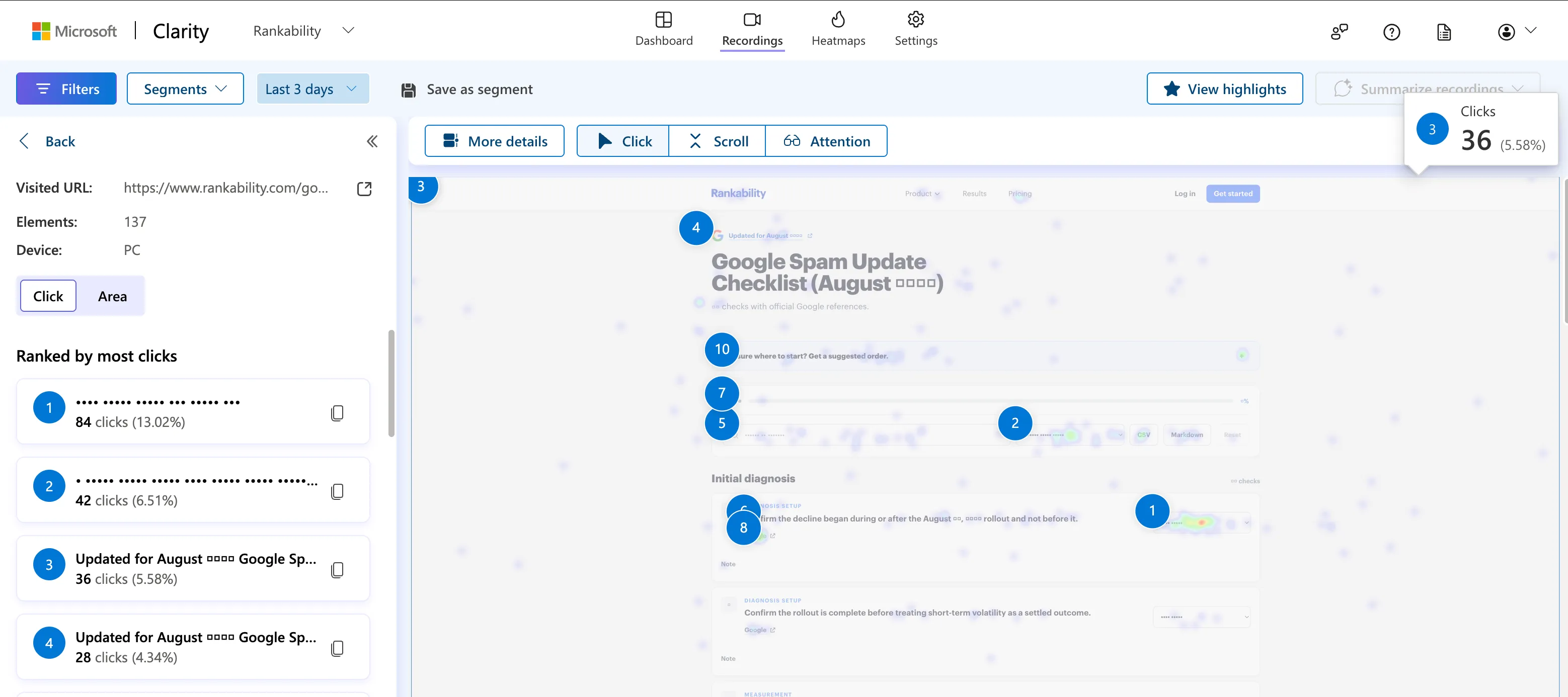 Microsoft Clarity session recordings showing individual website visits