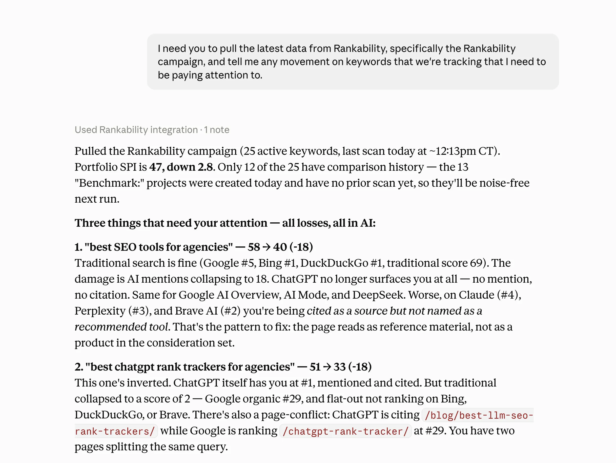 Claude connected to Rankability through MCP