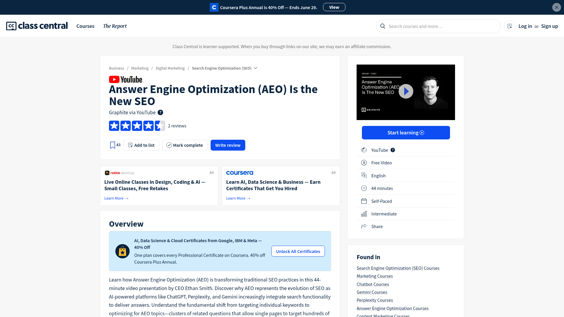 Class Central listing for an Answer Engine Optimization primer video