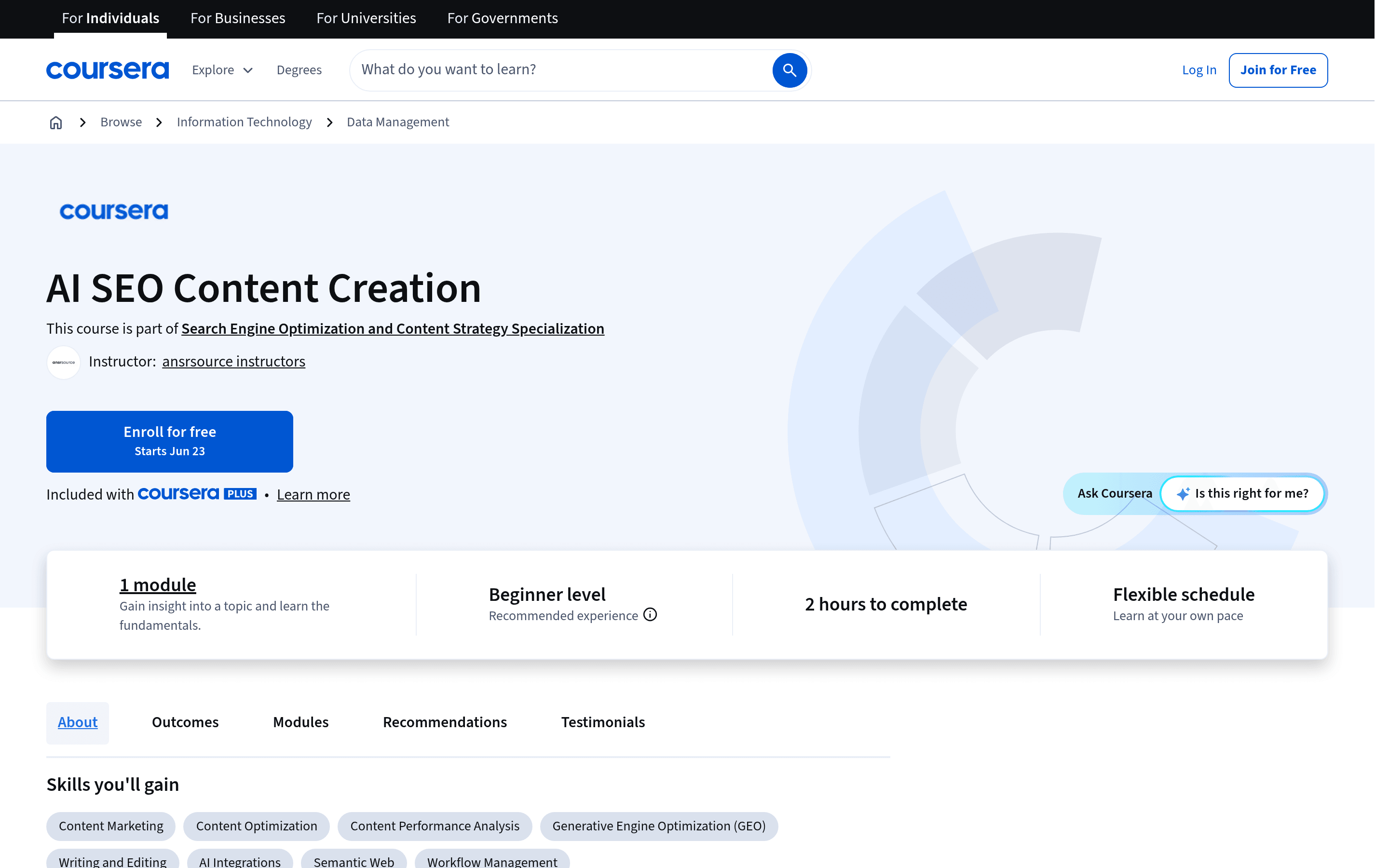 Coursera AI SEO and generative engine optimization course page