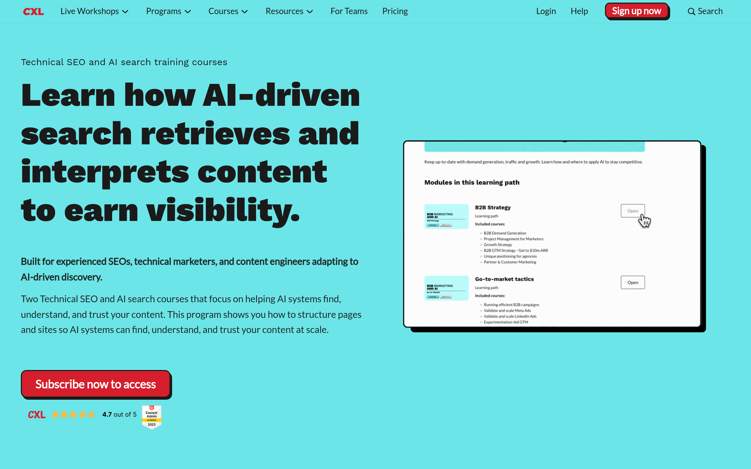 CXL Institute technical SEO and AI search course page