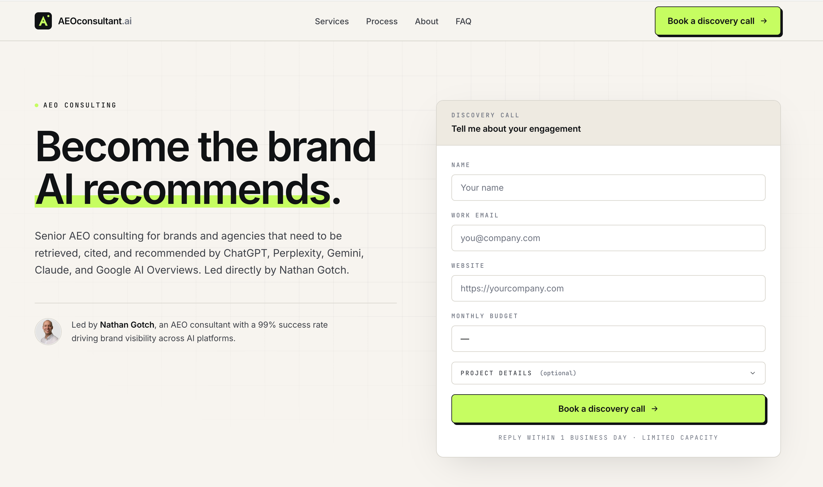 AEOconsultant.ai homepage led by Nathan Gotch