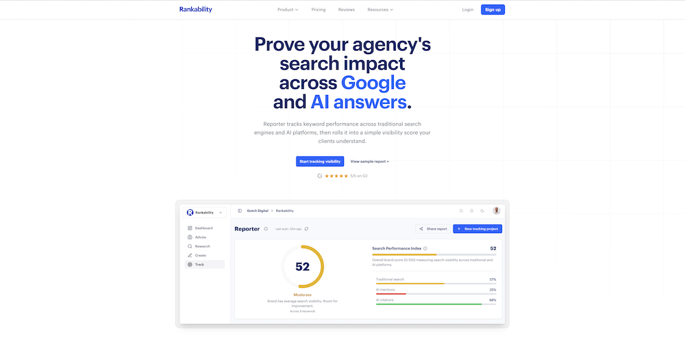 Rankability Reporter dashboard showing SPI score