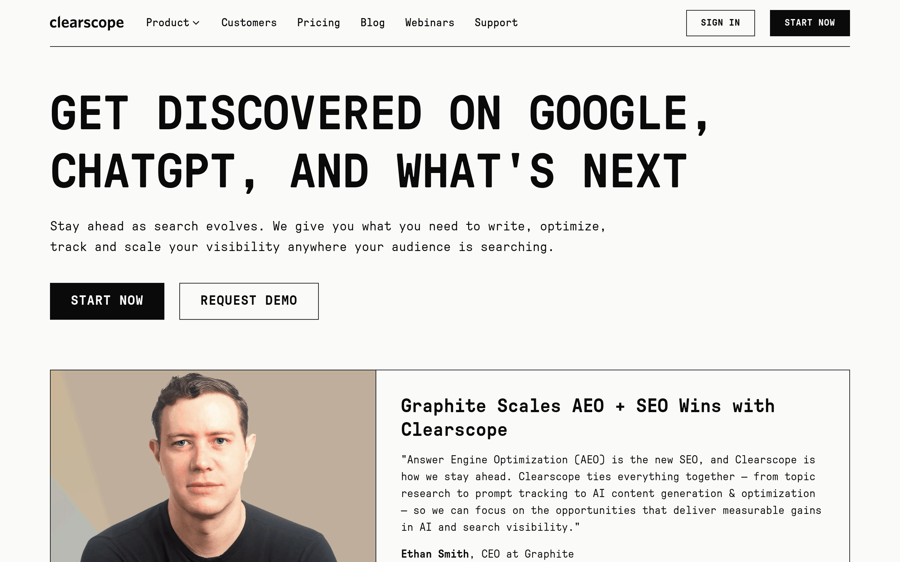 Clearscope homepage for its content optimization platform