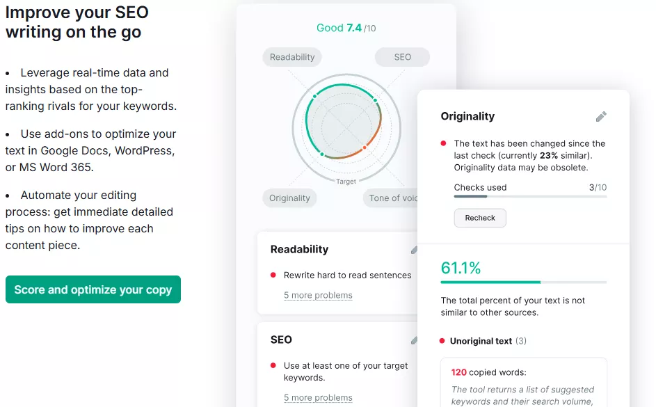 Semrush SEO Writing Assistant editor with readability and SEO scoring