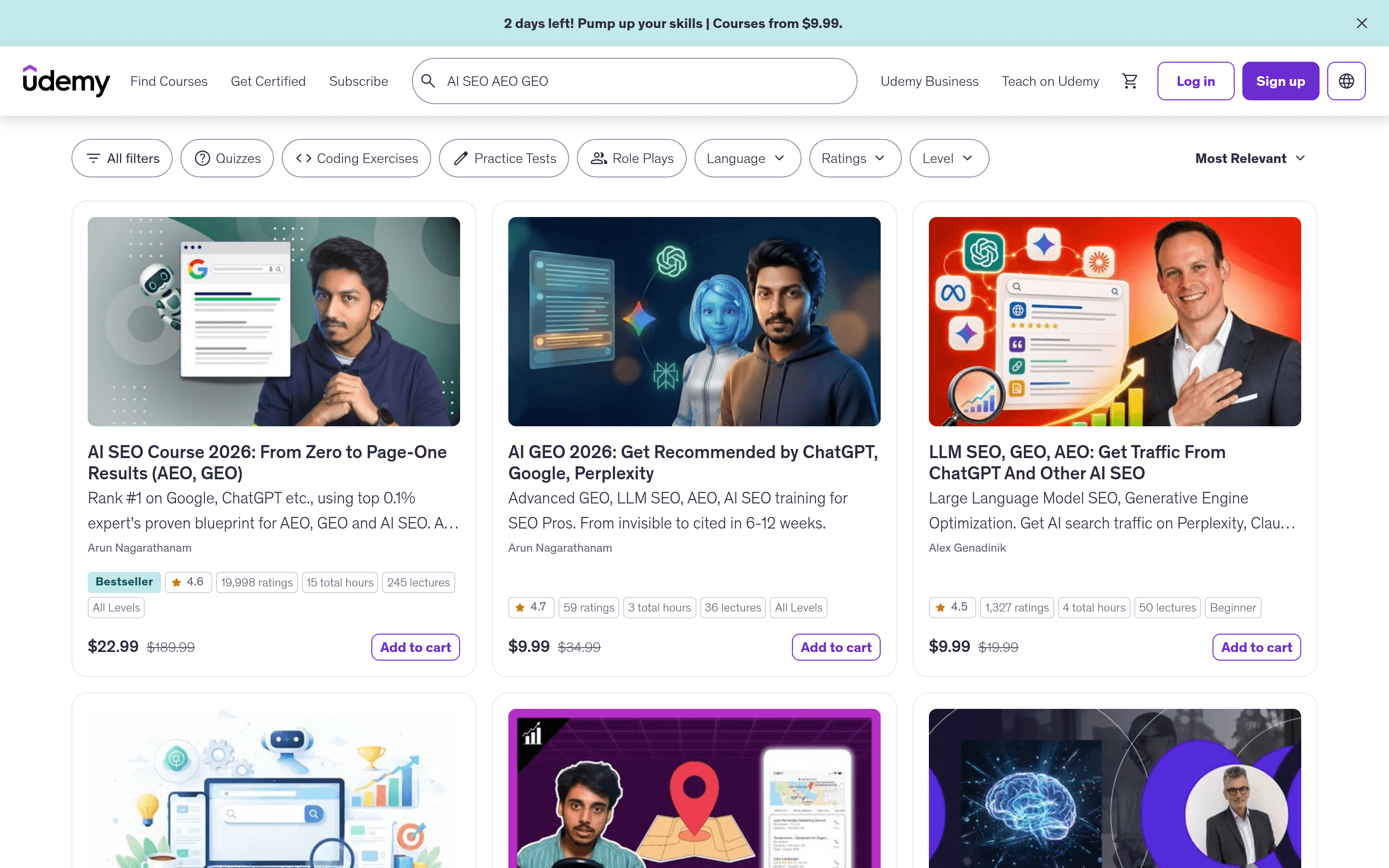 Udemy AI SEO, AEO, and GEO course search results