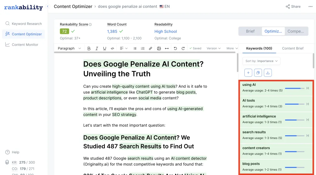 Rankability Content Optimizer Interface
