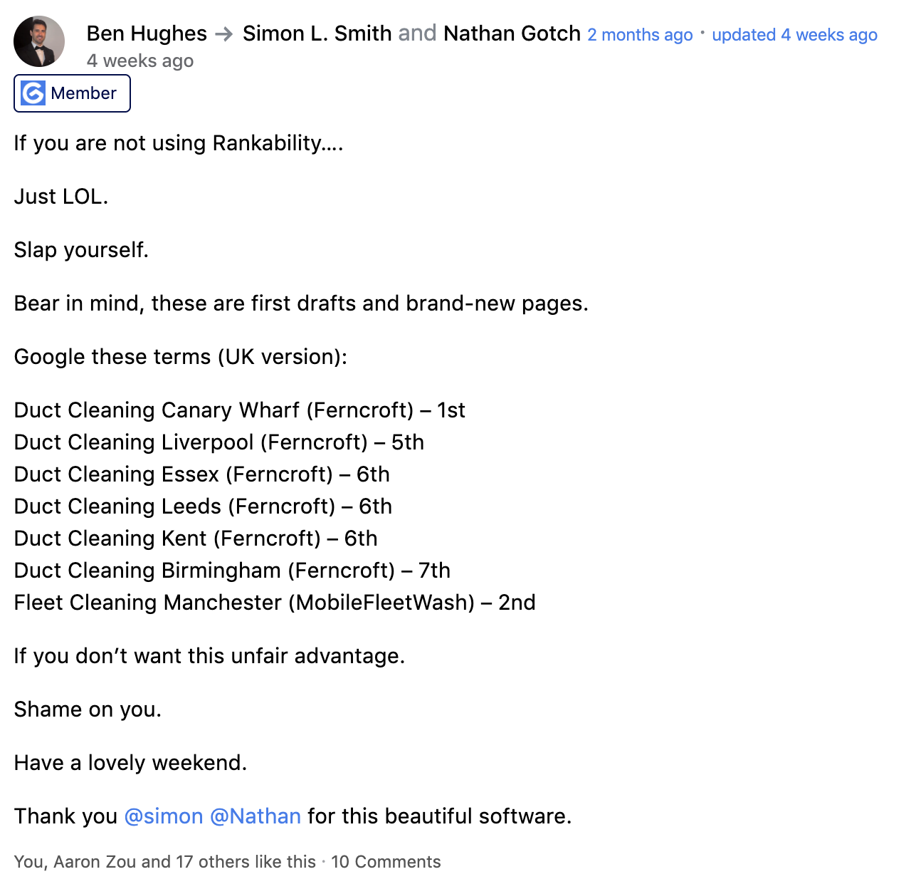 Ben Hughes sharing Rankability ranking results on LinkedIn