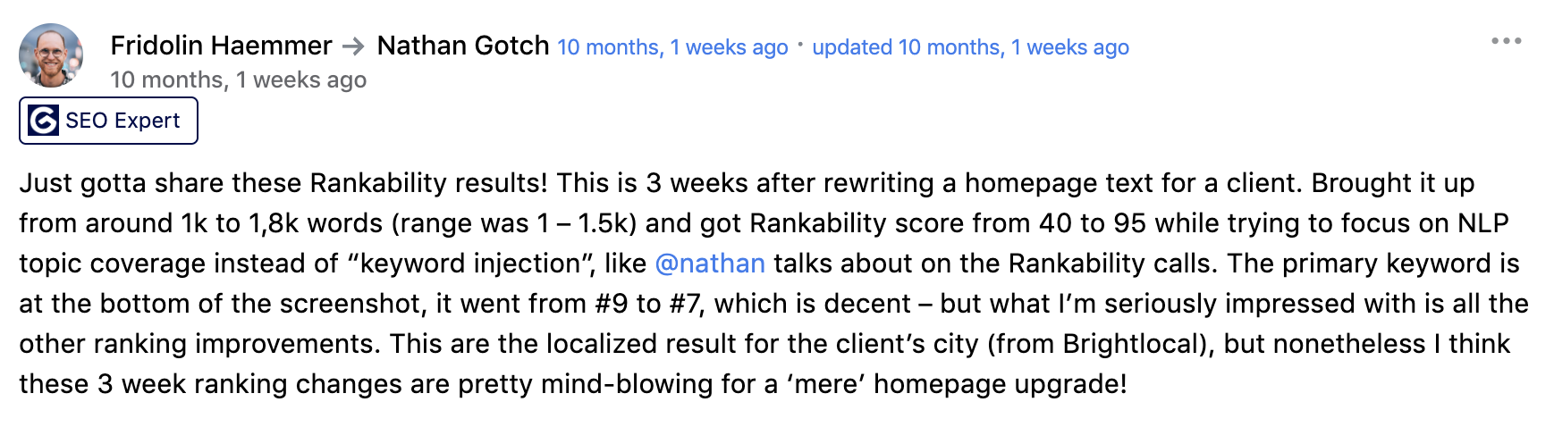 Fridolin Haemmer sharing impressive ranking improvements with Rankability