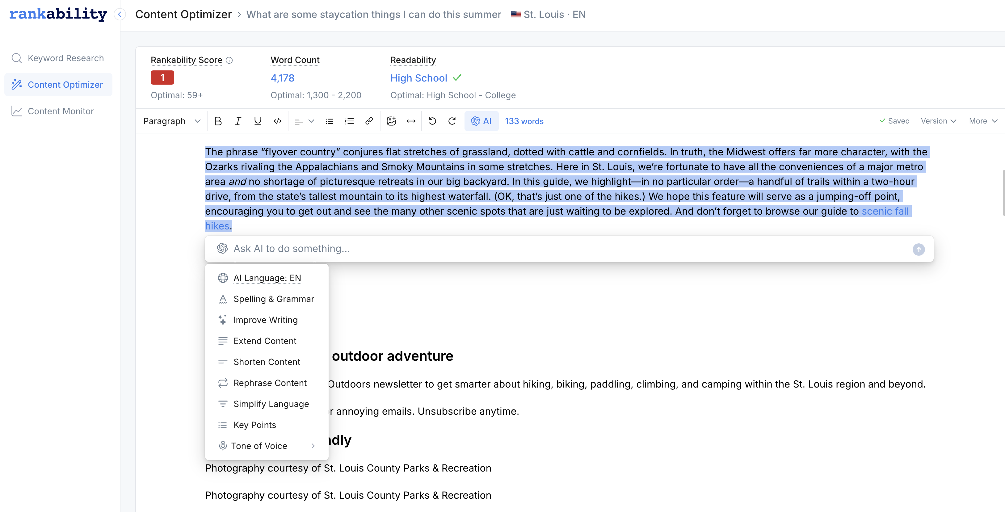 Content Optimizer interface showing real-time scoring, content editing, and AI assistance features