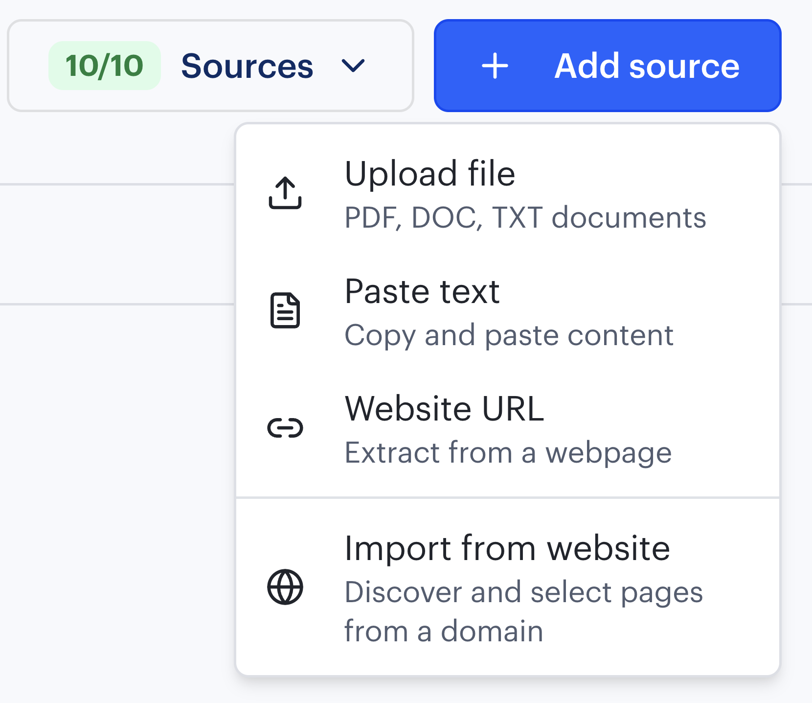 Add Sources panel showing upload file, paste text, website URL, and import from website options