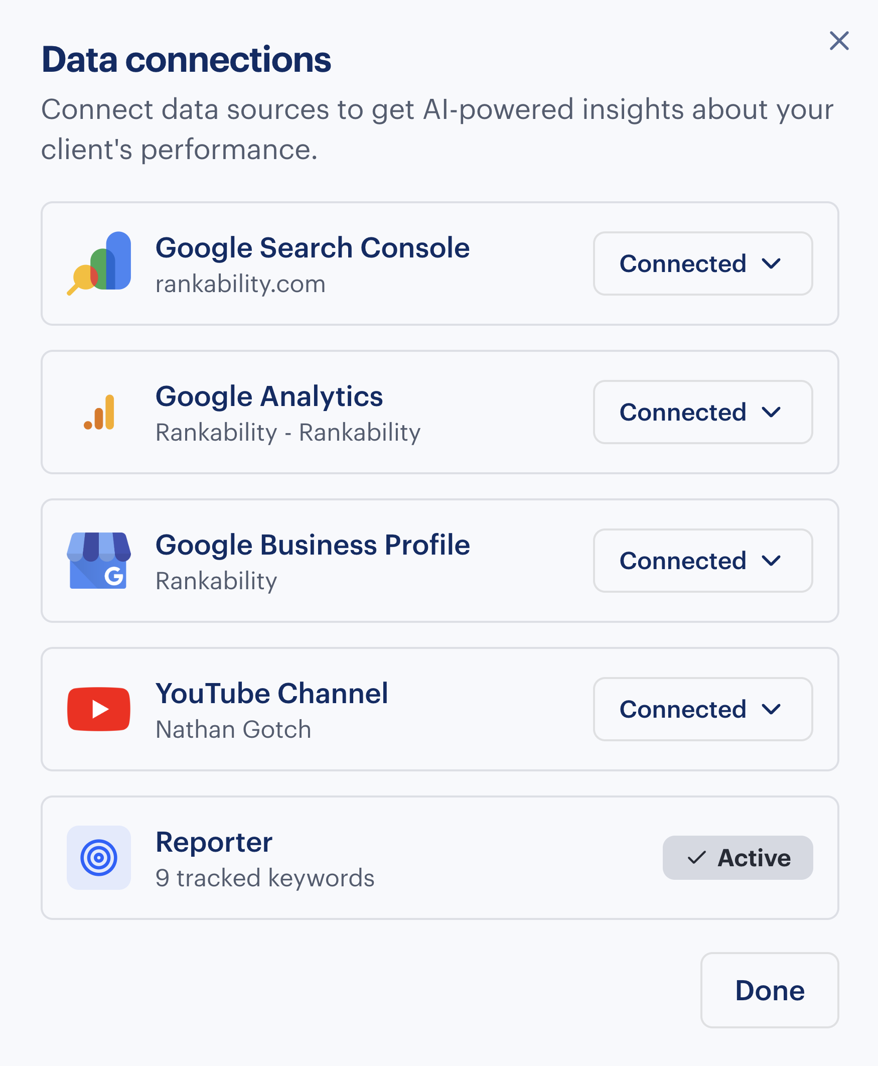 Data Connections panel showing Google Search Console, Google Analytics, Google Business Profile, YouTube, and Reporter connected