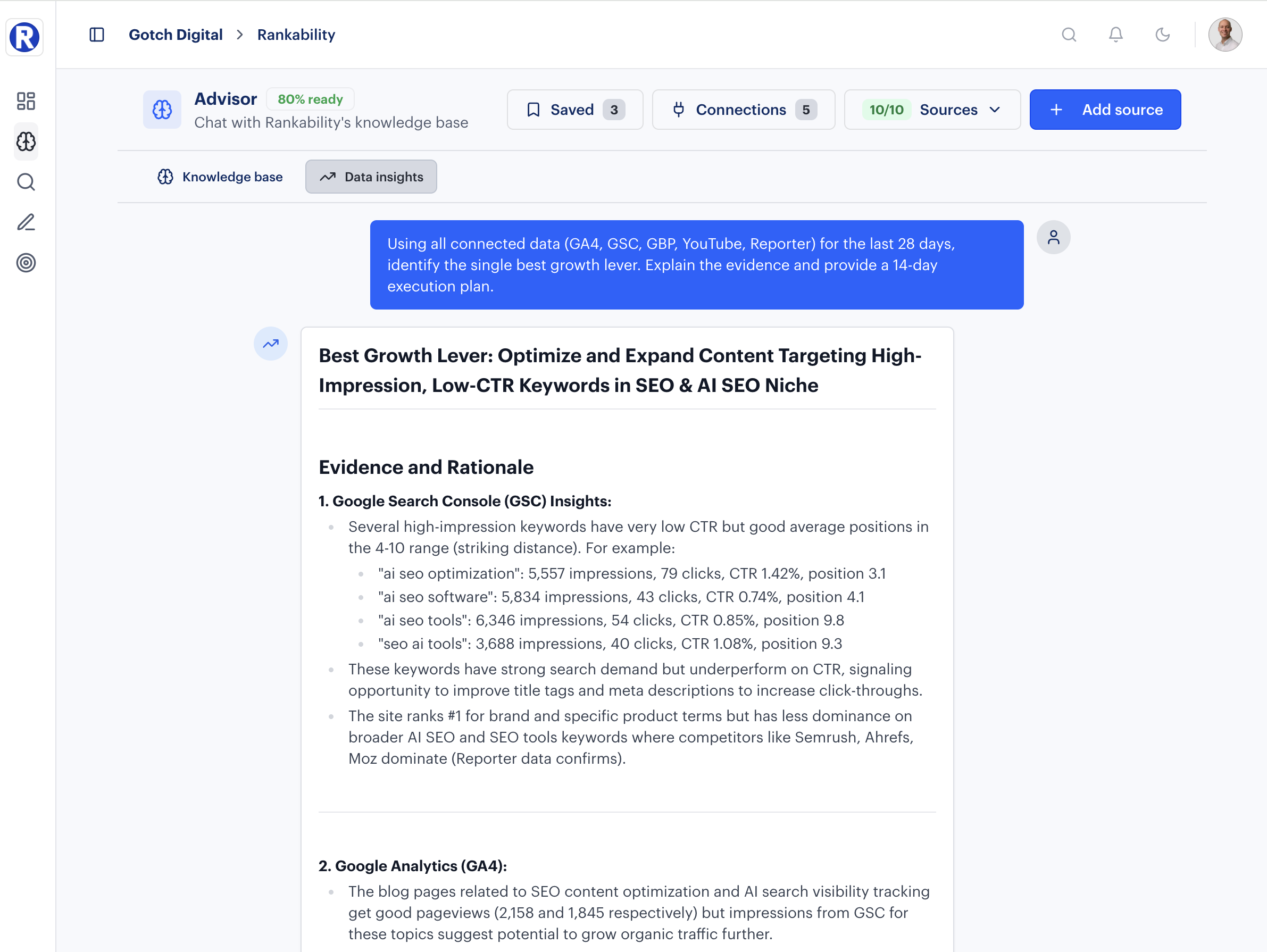 Advisor Data Insights showing AI-generated growth strategy with evidence from Google Search Console and Analytics data