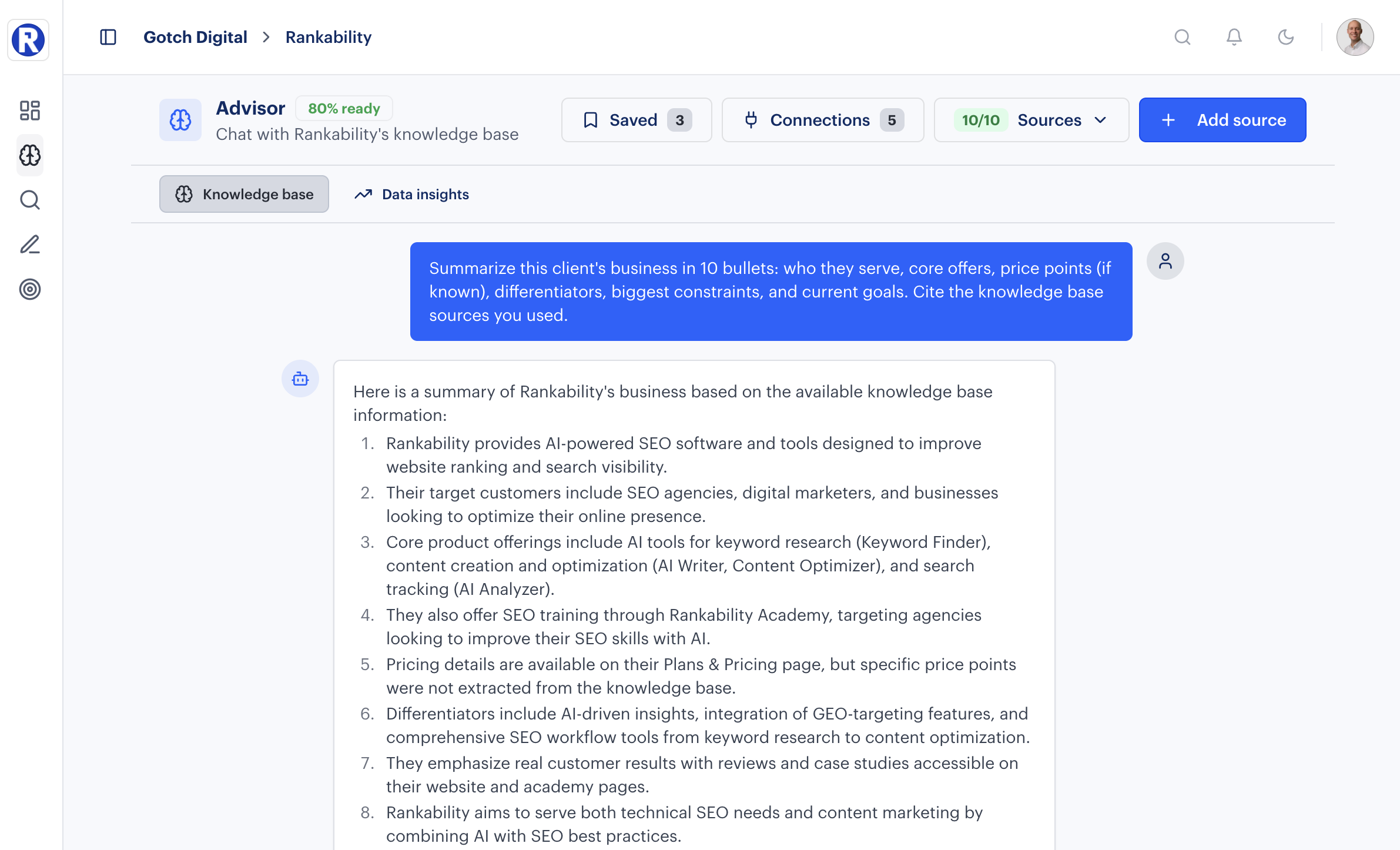 Advisor Knowledge Base chat interface showing AI-powered business analysis with cited sources