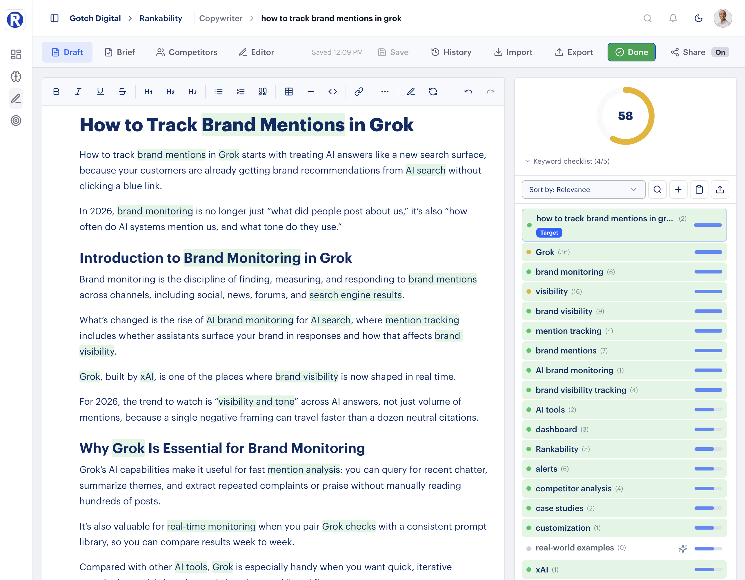 Rankability Copywriter draft editor with keyword checklist showing content optimization workflow