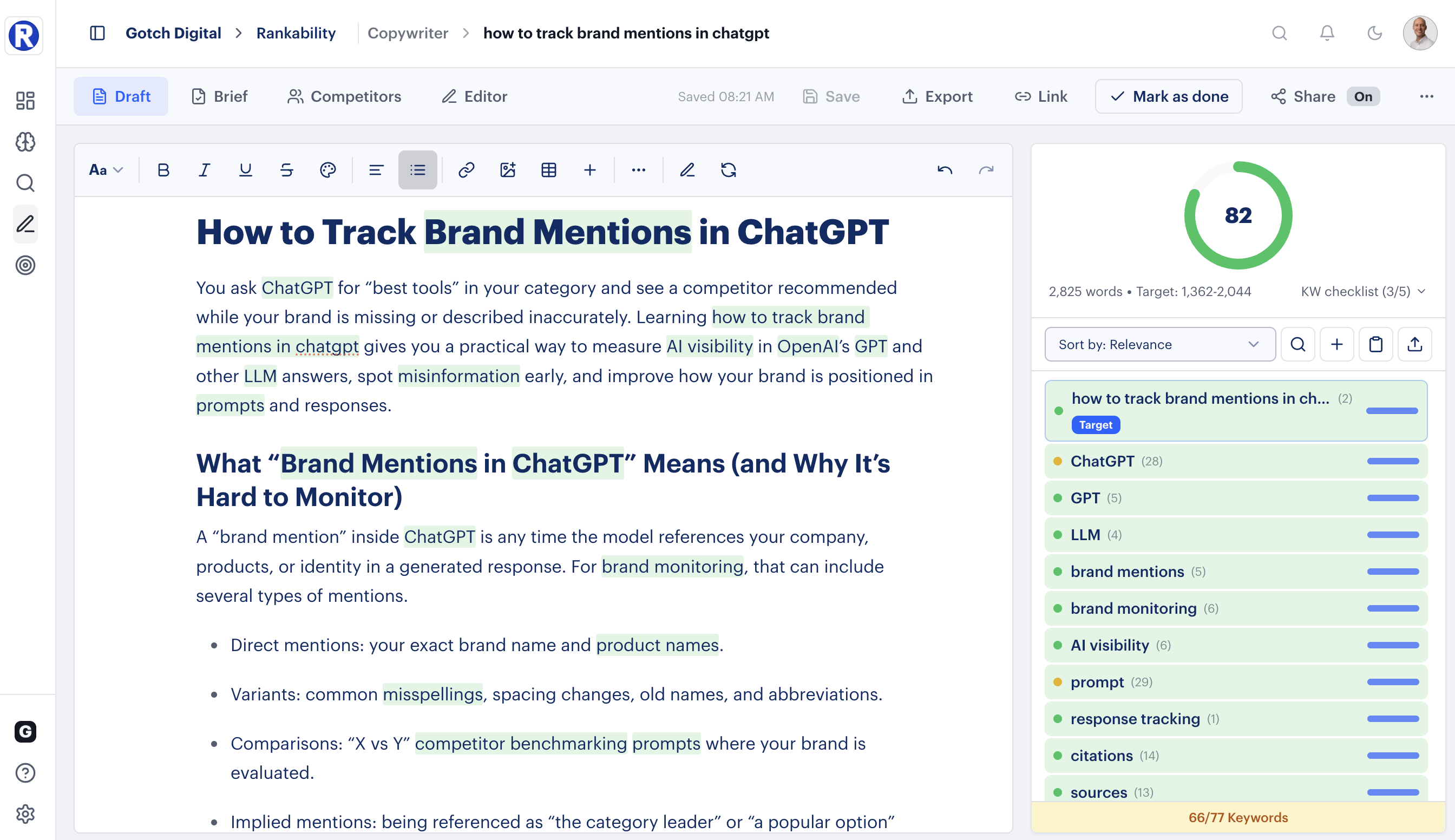Rankability Copywriter editor showing content draft with optimization score, keyword checklist, and entity coverage panel