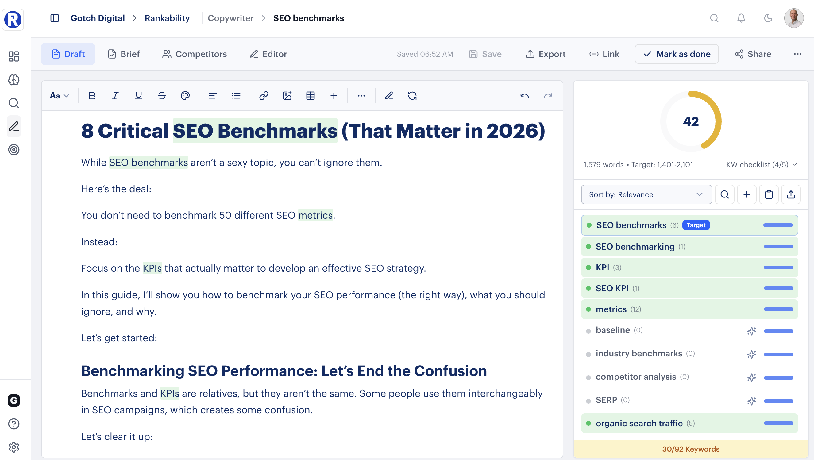 Rankability Optimizer showing content score with keyword checklist and topic coverage analysis for SEO benchmarks