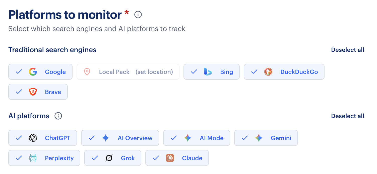 Rankability Reporter platform selection showing traditional search engines and AI platforms to monitor