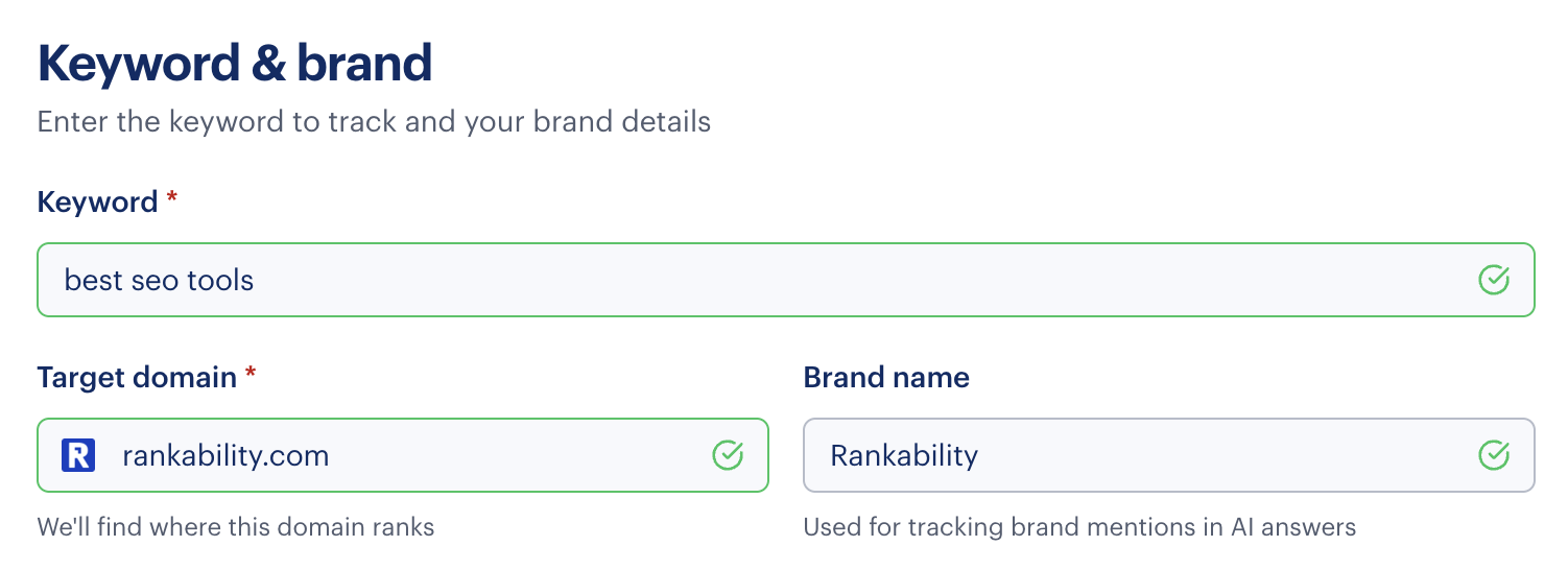 Rankability Reporter project setup showing keyword, target domain, and brand name fields