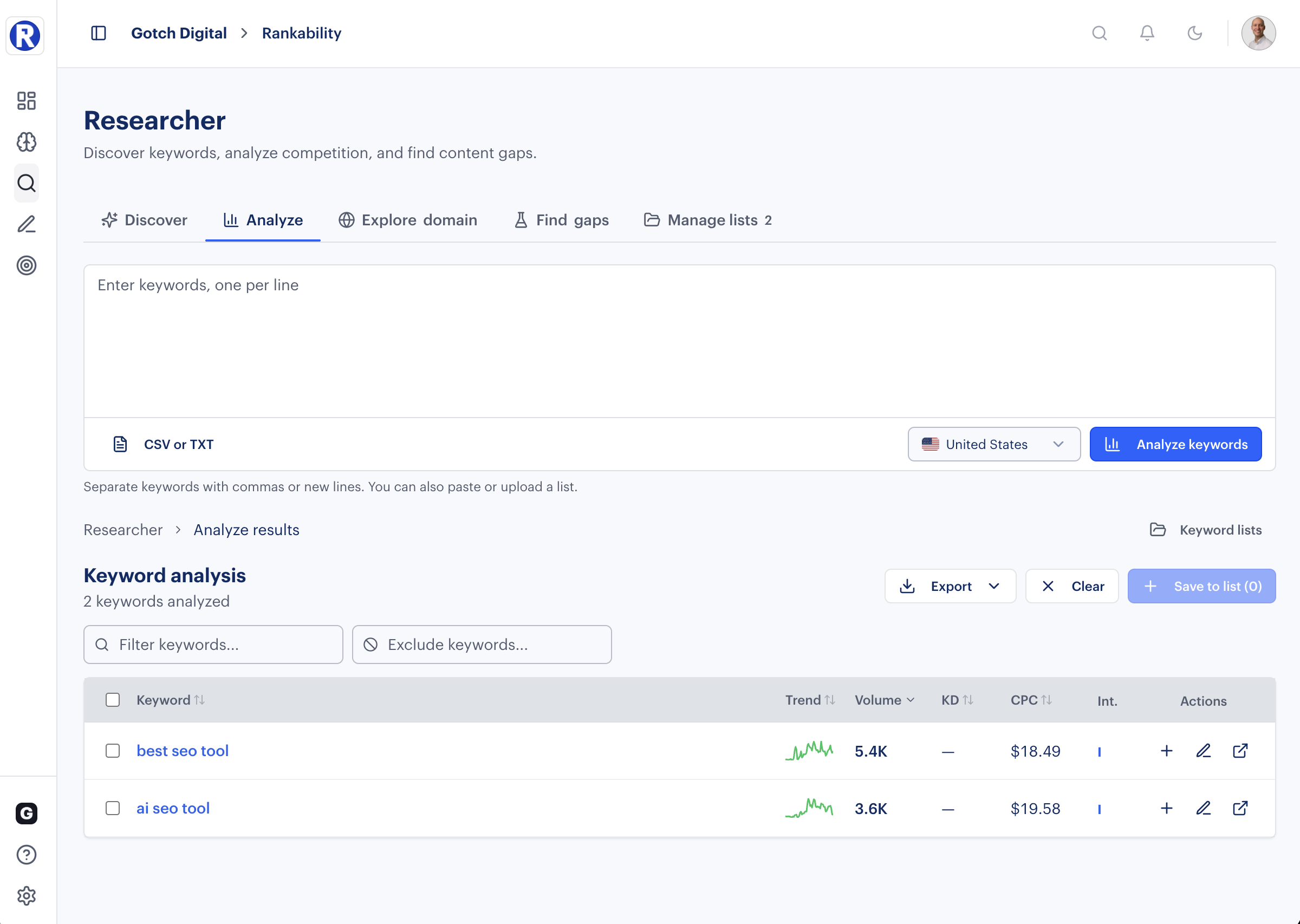 Rankability Researcher Analyze tab showing bulk keyword analysis with volume, KD, CPC, and trend data