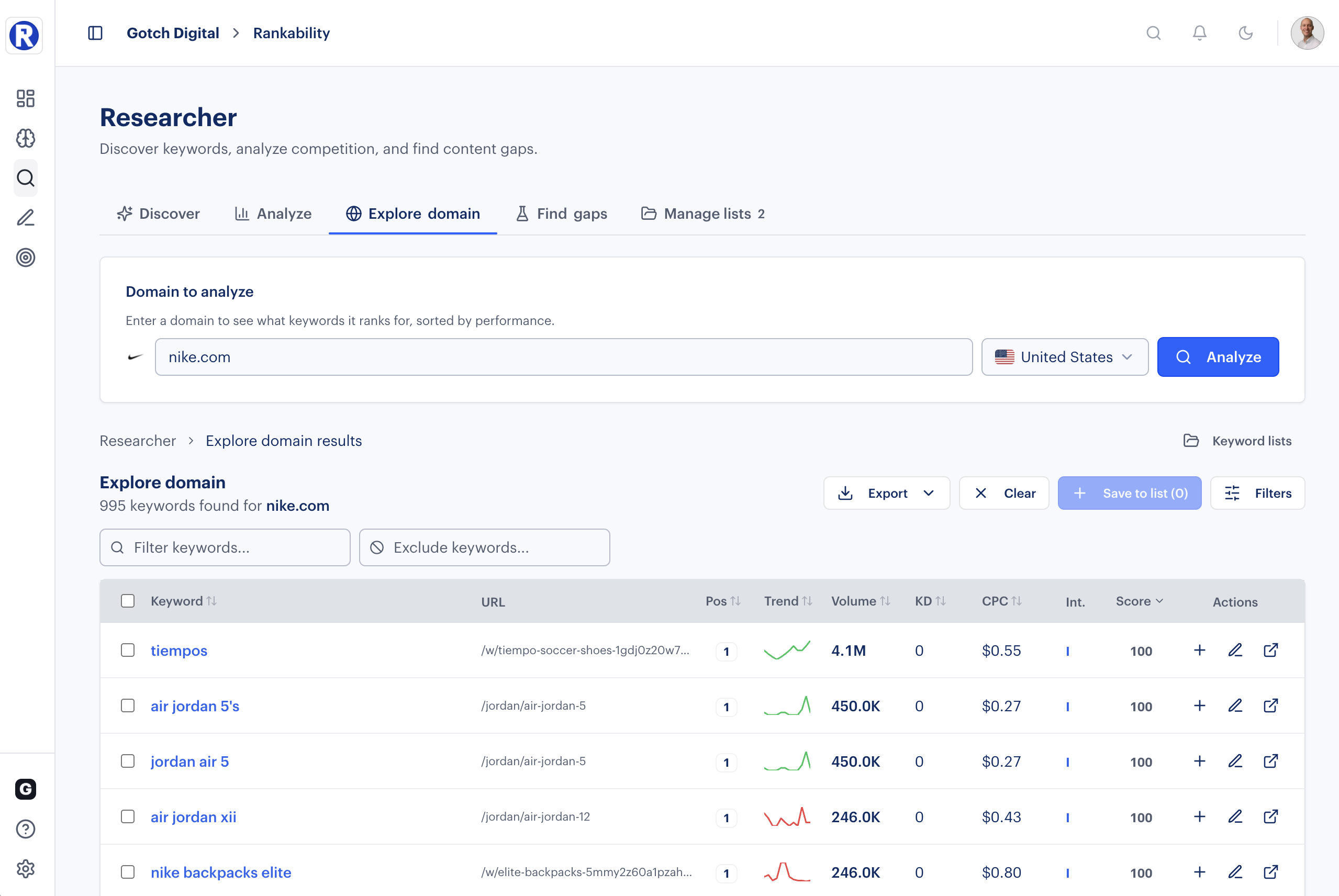 Rankability Researcher Explore Domain showing competitor keyword rankings with position and performance scores