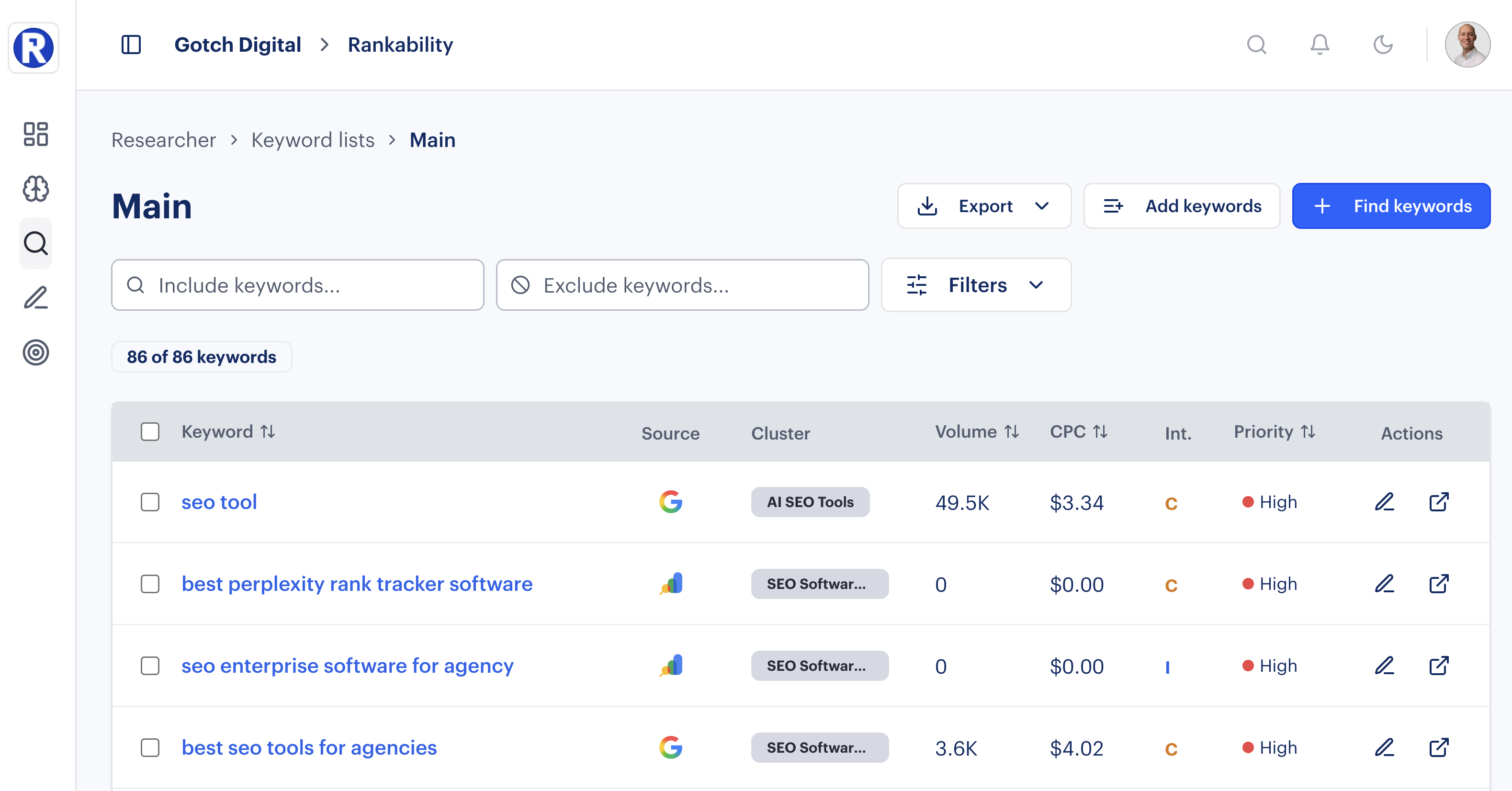 Rankability Researcher keyword list with export, priority, and content handoff actions